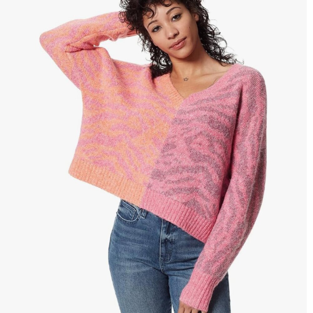 NWOT Circus NY Boxy Oversized V-Neck Animal Print Sweater Size S/M Pink Orange - Picture 2 of 16